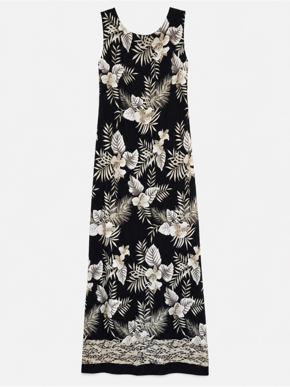 Vintage Kathie Lee Tropical Floral Maxi Dress Black White Resort Large